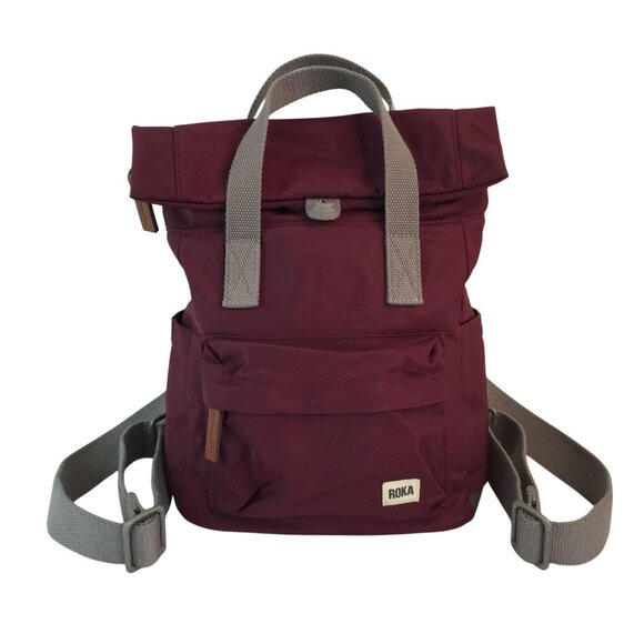 Roka London Bag Company Maroon Backpack Rucksack Gray Straps Medium Roll Top - Picture 1 of 16